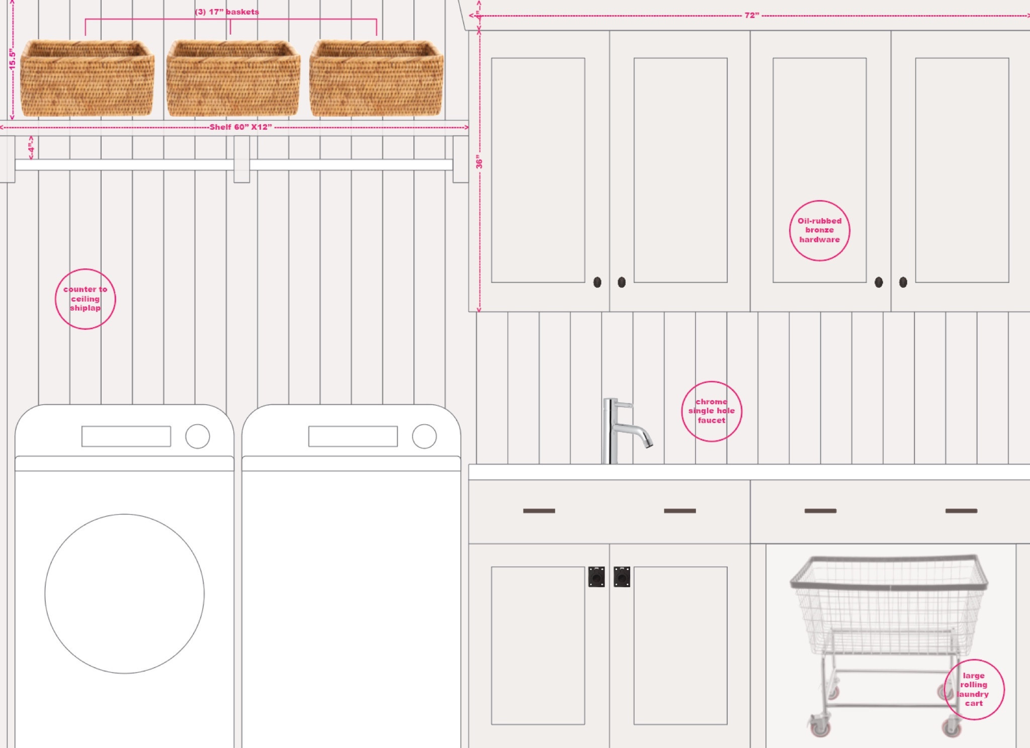 Laundry room plan, 3D, cabinets, diy, Swiss coffee, baskets, laundry cart, brass hardware, interior design 

#LTKstyletip #LTKhome
