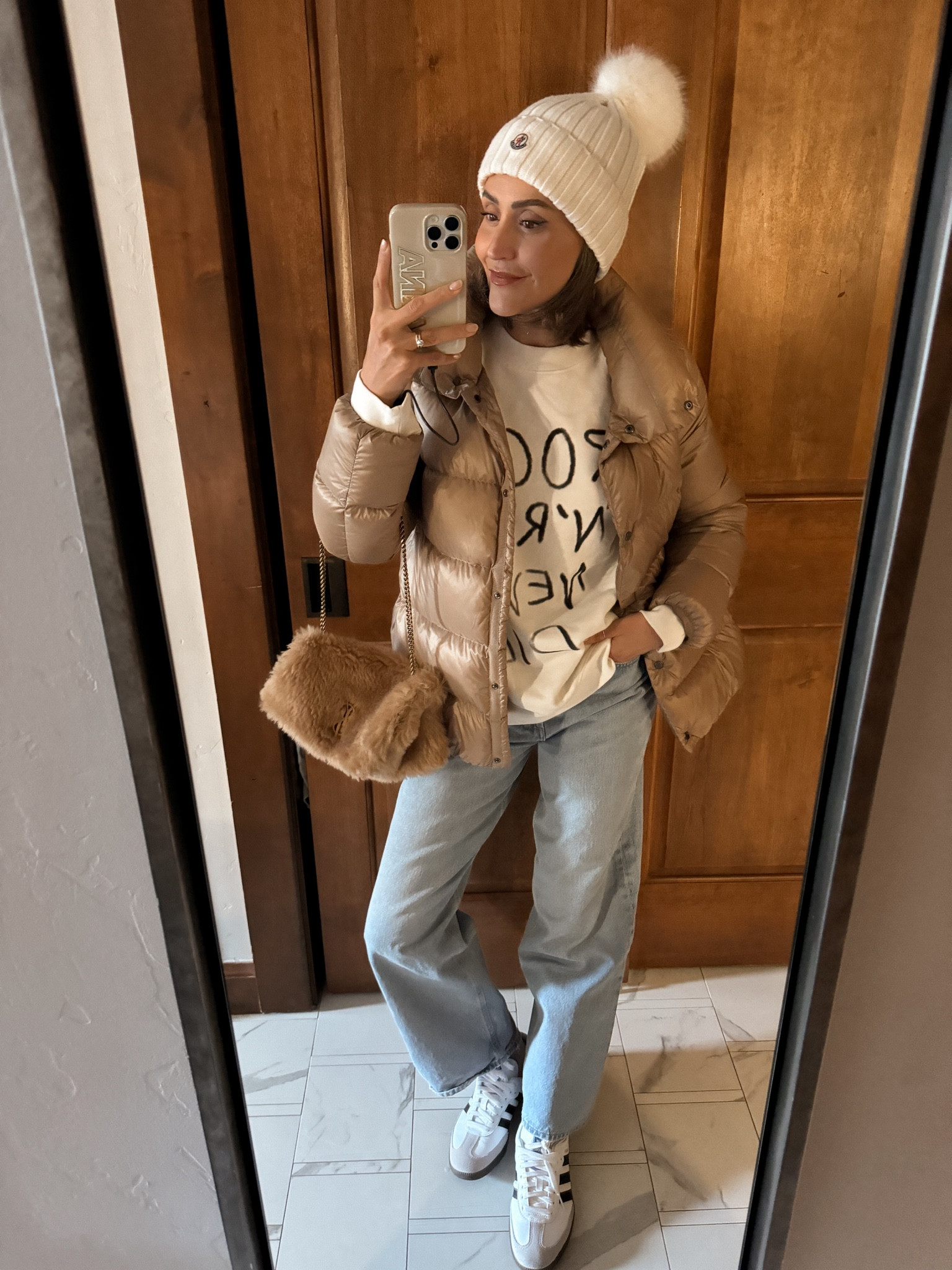 Casual dinner outfit in the mountains 
Size small on sweatshirt, runs oversized, stay w true size
Size down on baggy jeans/24
Puffer jacket 0
Size down a whole size on sambas 

#LTKshoecrush #LTKstyletip #LTKitbag