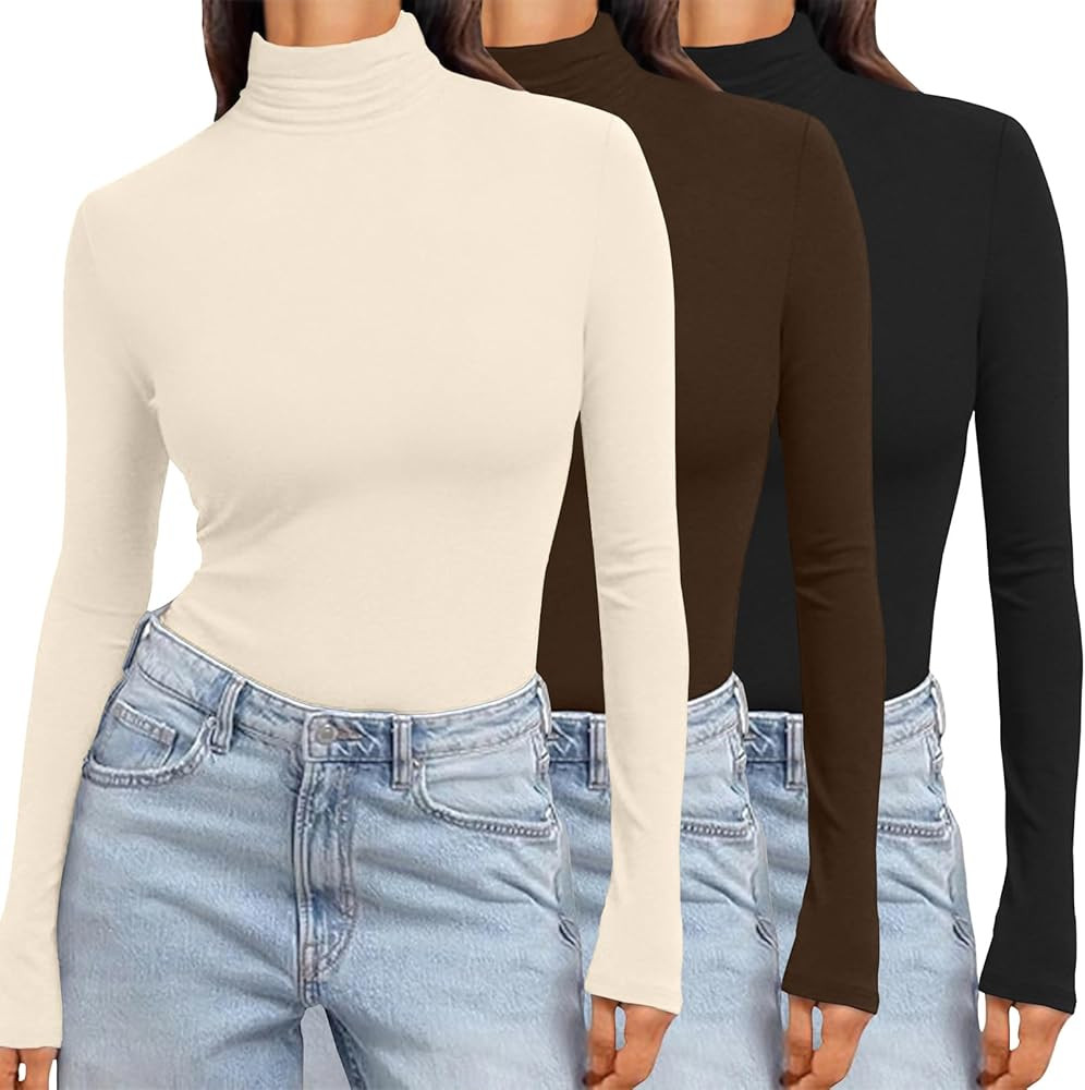 Ekouaer Women's 3 Pack Turtleneck Long Sleeve Shirts Slim Fit Thermal Underwear Tops Lightweight ... | Amazon (US)