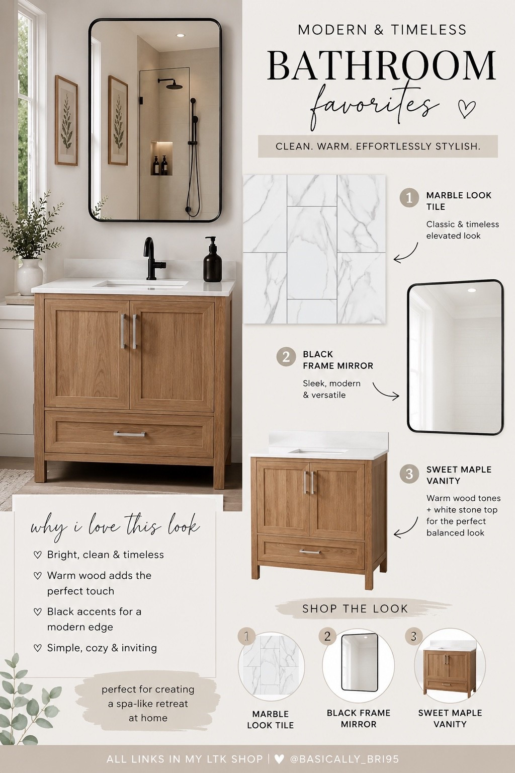 Bathroom refresh loading… 🤍✨

If you’re dreaming of a bright, timeless bathroom without spending a fortune, this combo is one of my favorites! The warm wood vanity paired with a sleek black mirror and marble-look tile creates the perfect mix of cozy and modern.

These are the pieces that instantly elevate a space while keeping it clean, neutral, and designer-inspired. Saving this look for our own bathroom makeover was the best decision!

Everything is linked in my LTK for easy shopping. 🤎#BathroomInspo #BathroomDecor #HomeDecor #NeutralHome #ModernFarmhouse #ModernBathroom #MarbleTile #HomeDecorFinds #AmazonHome #HomeDepotFinds #InteriorInspo #BathroomMakeover #DIYHome #HomeRenovation #WoodVanity #BlackFixtures #HouseGoals #LTKStyle #LTKFinds

#LTKHome #LTKHome #LTKdayinmylife #LTKSaleAlert
