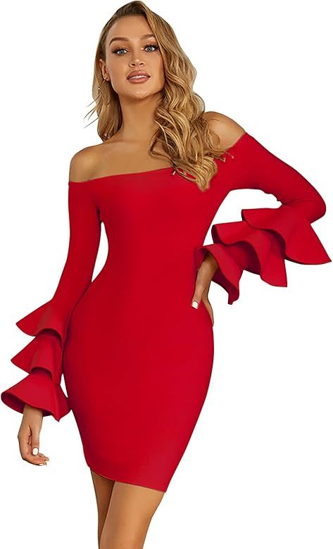 Maketina Women Sexy Bandage Dress Ruffles Long Sleeve Bodycon Midi Dresses Party | Amazon (US)