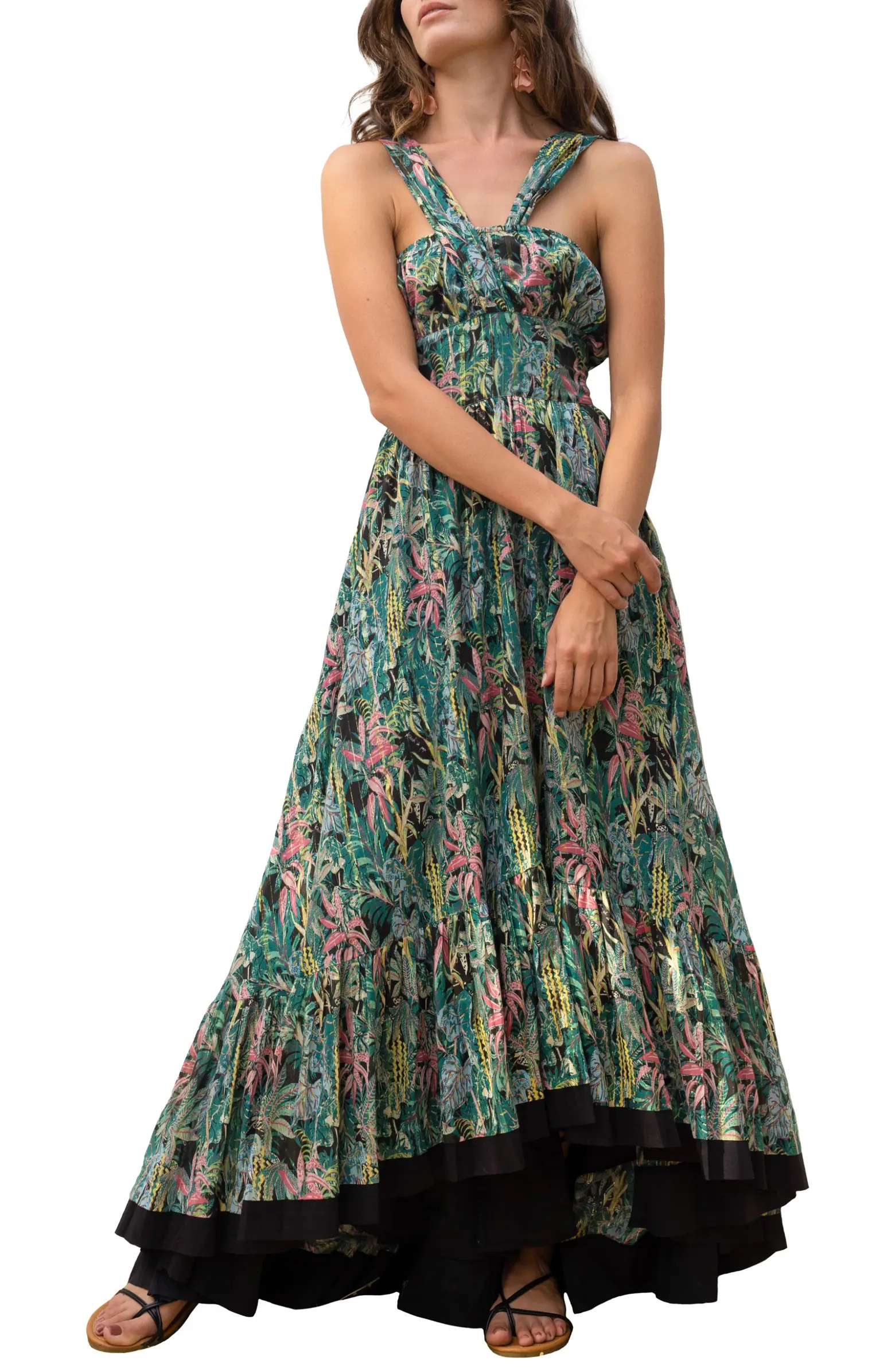 BAROK PARIS Floral Print Cross Neck Tiered Maxi Dress | Nordstrom | Nordstrom