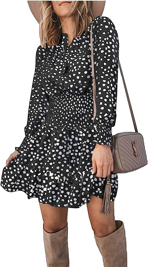 PRETTYGARDEN Women's Casual Long Sleeve 2023 Spring Dresses Floral Ruffle Boho Elastic Waist Mini... | Amazon (US)