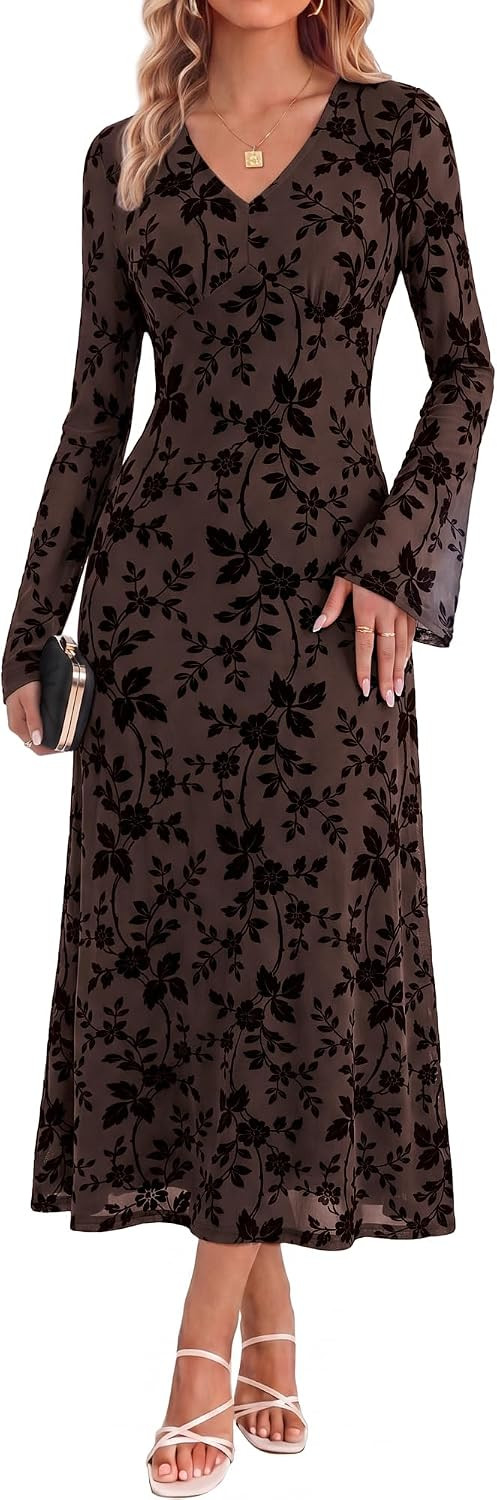 GRACE KARIN Women's Floral Long Sleeve Maxi Dresses Wedding Guest Dress | Amazon (US)