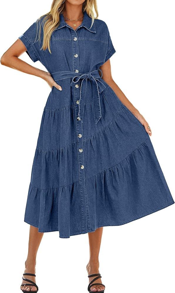 BerryGo Womens Summer Denim Shirt Dress Casual Belted Short Sleeve Button Down Flowy Midi Jeans D... | Amazon (US)