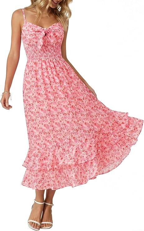 GRACE KARIN Women's Summer Floral Maxi Dress Spaghetti Strap A Line Beach Boho Dresses Ruffle Tie... | Amazon (US)