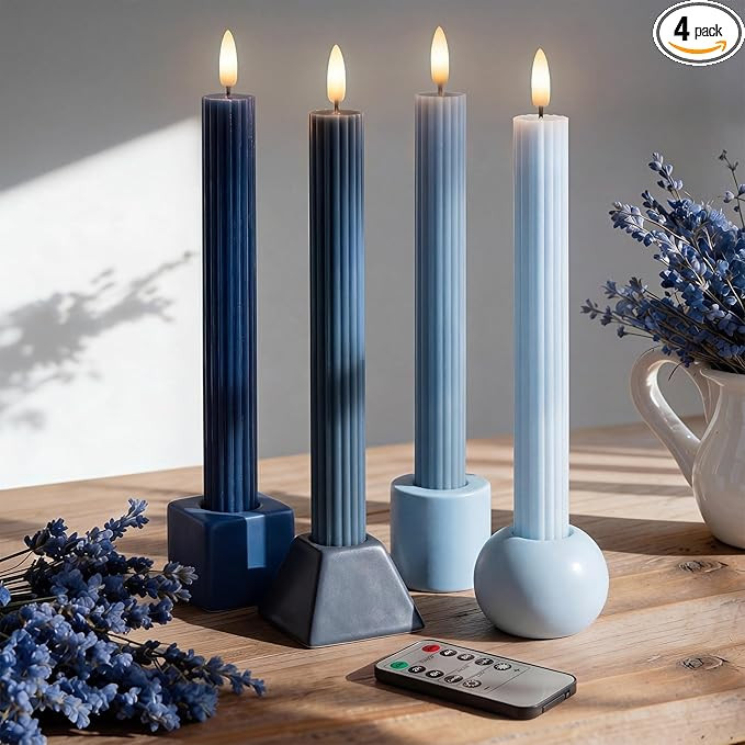 Blue Dawn Coordinated Overcast Blues 4 Pack, 10" Real Wax LED Flameless Fluted Ribbed Grooved Tap... | Amazon (US)