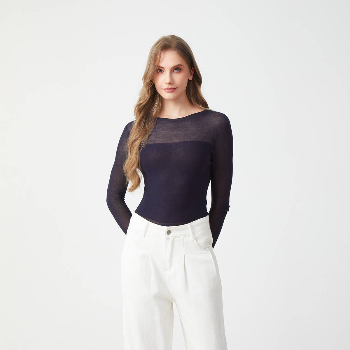 Women's Long Sleeve Semi Sheer Top - A New Day™ Navy Blue XL | Target