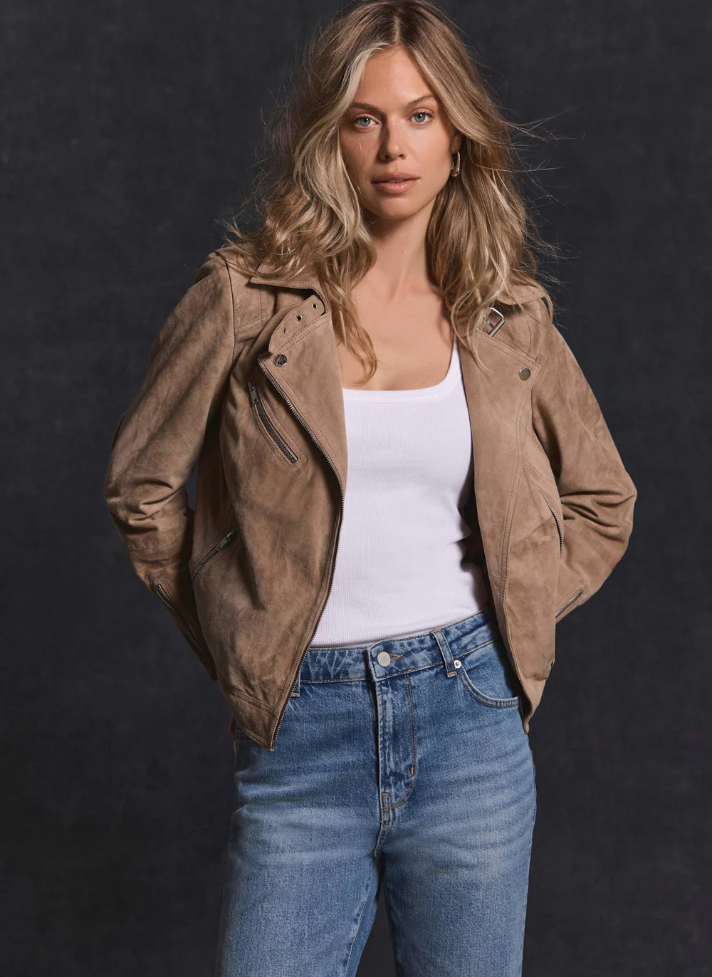 Neutral Suede Biker Jacket | Mint Velvet