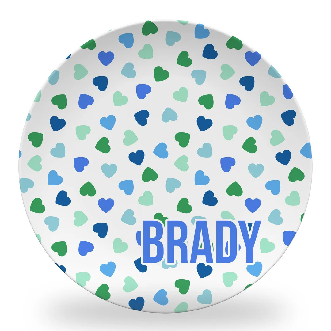 Blue and Green Hearts Tableware (melamine free, block name) | Etsy (US)