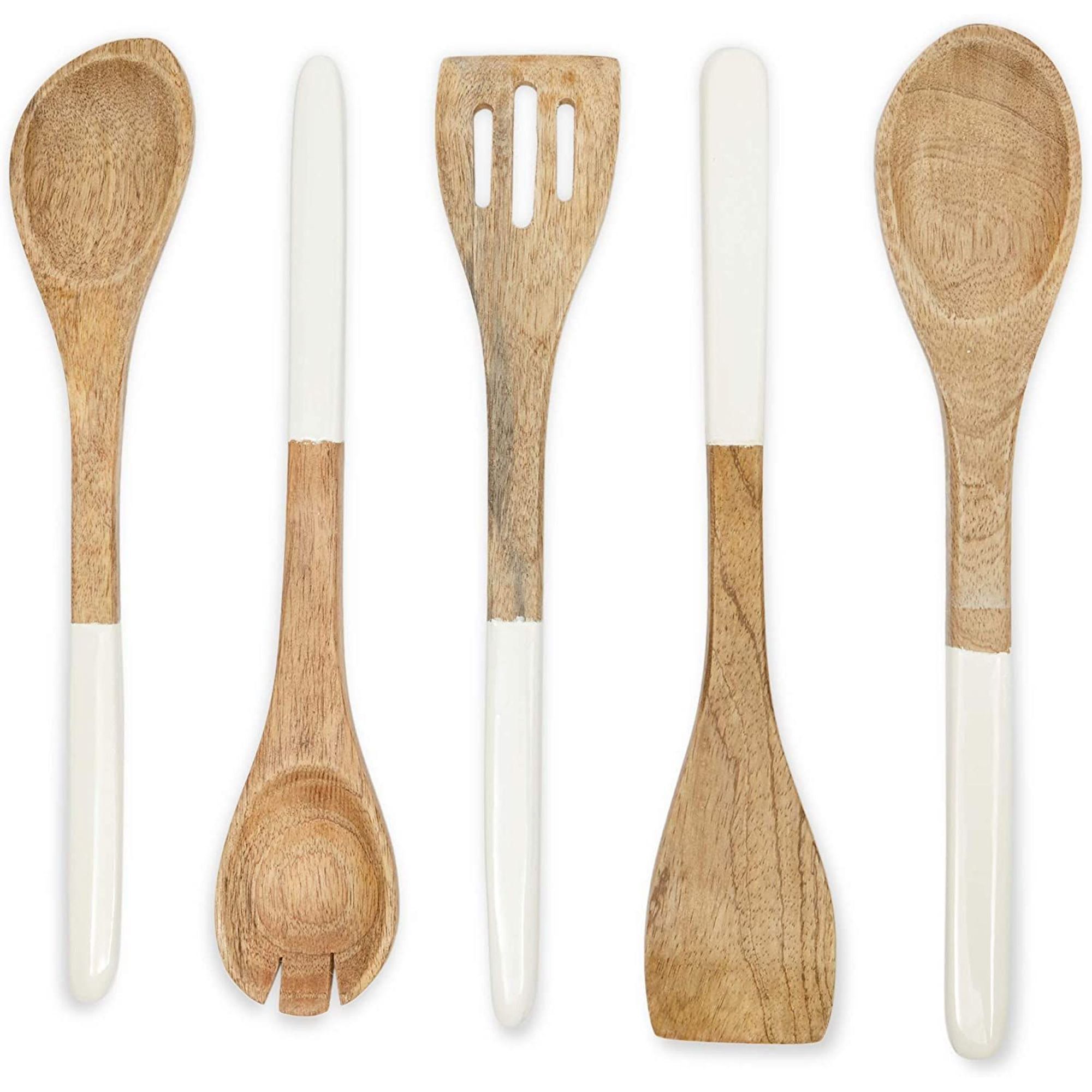 5 Pack Wooden Kitchen Utensil Set with Serving Spoon, Fork & Spatula for Salad and Cooking, White... | Walmart (US)