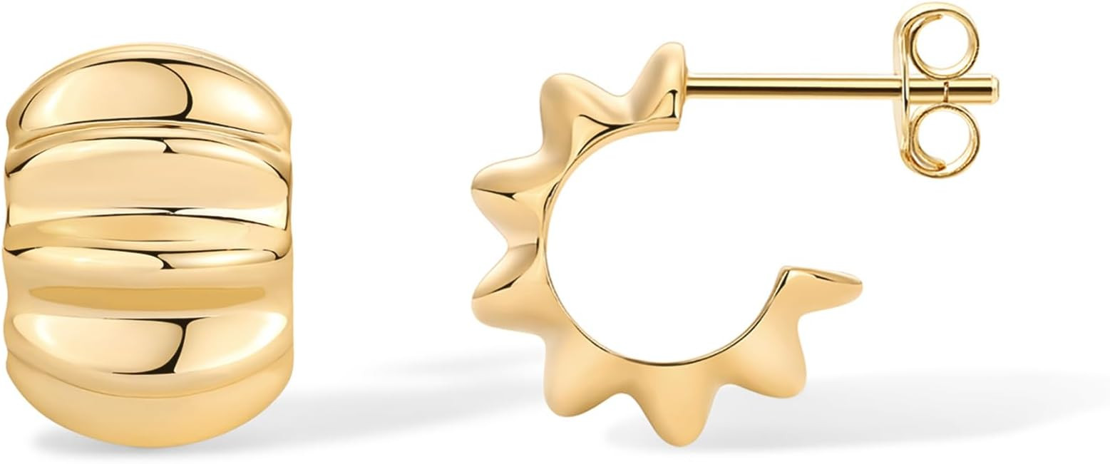 PAVOI 14K Gold Plated Bold Statement Hoop Earrings for Women - Trendy Boho Ribbed Croissant Scall... | Amazon (US)