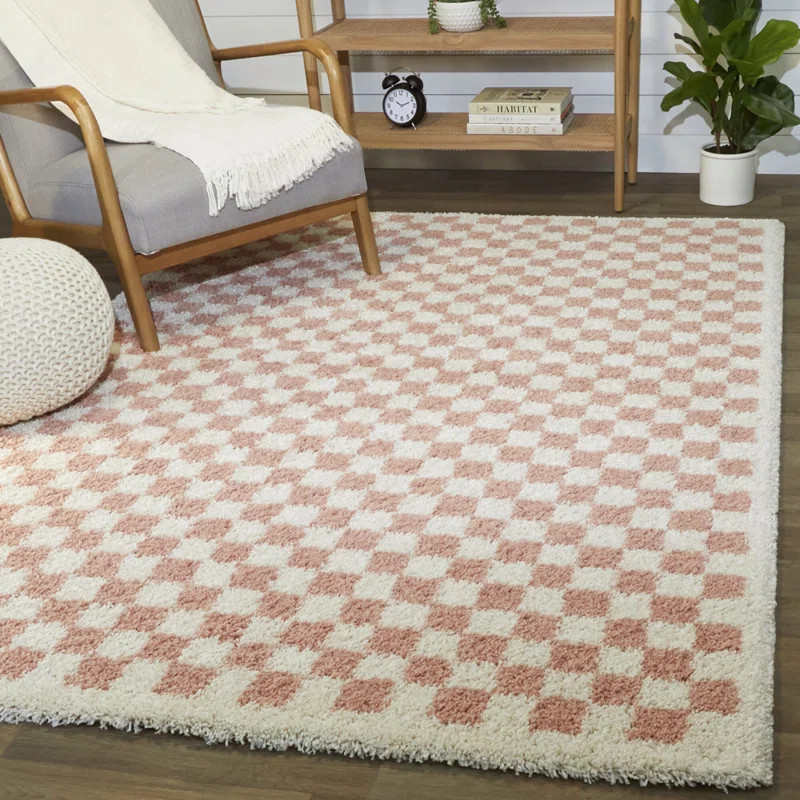 Walker Checkered Machine Woven Area Rug in Pink/Cream Shag | Wayfair North America
