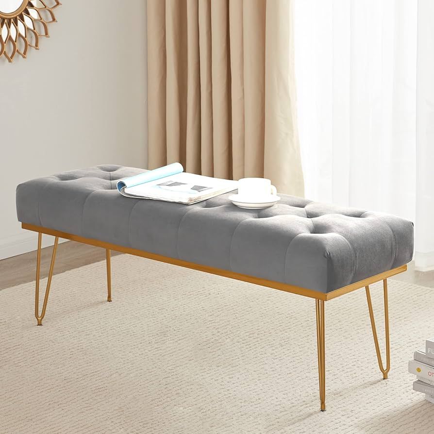 Kingfun Velvet Bedroom Bench with Gold Base&Metal Legs, Tufted Upholstered End of Bed Bench, Indo... | Amazon (US)