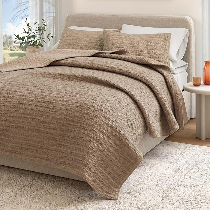 King Size 100% Cotton Honeycomb Waffle Quilt and Sham Set - Garment Washed, Waffle Weave Like Tex... | Amazon (US)
