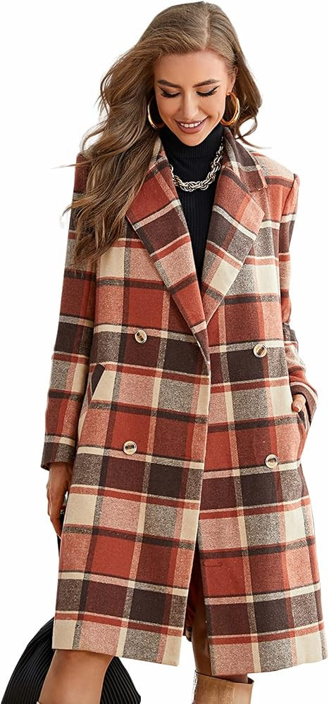 VICICSKY Women's plaid long coat, Warm Winter Mid Length Trench coat,Fashion Lapel Collar Coat Lo... | Amazon (US)