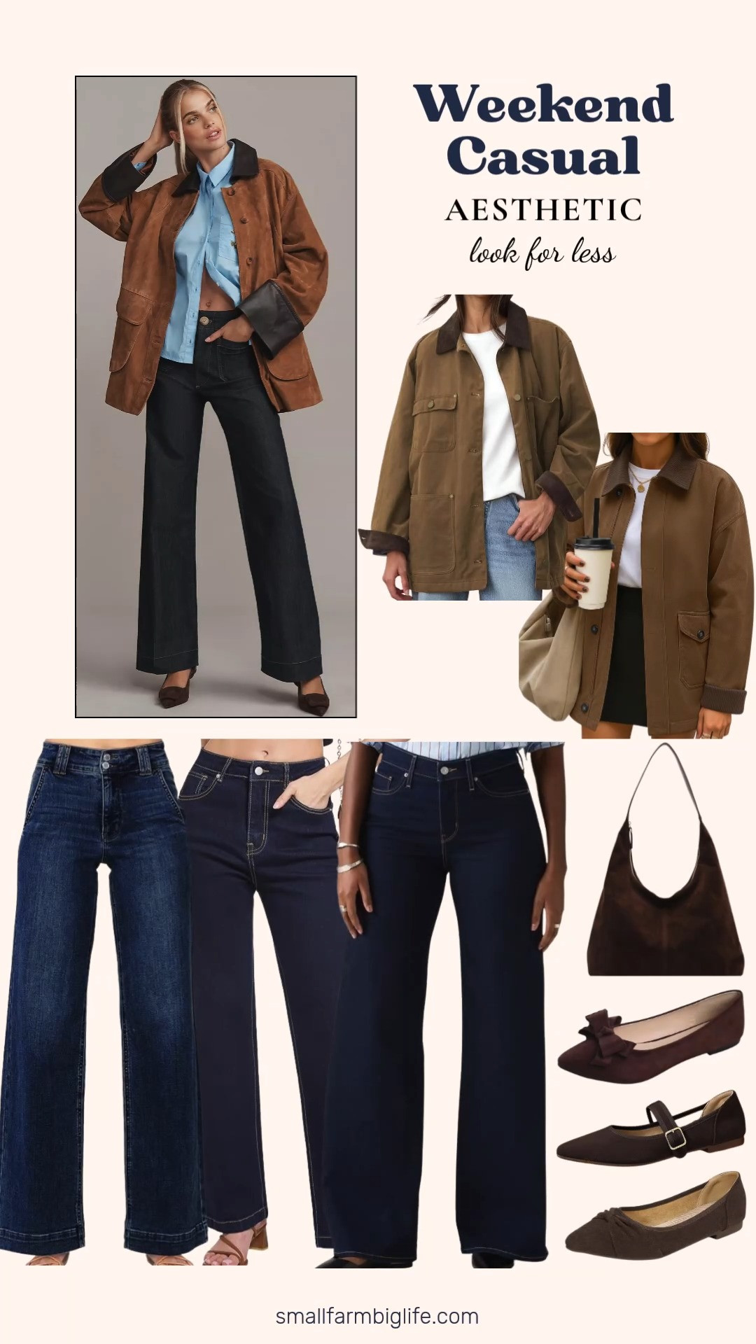 This weekend casual look proves you do not need to spend Anthropologie prices to get the aesthetic. I found affordable Amazon dupes for the wide leg denim and barn jacket that give you the same cozy, elevated weekend vibe for a fraction of the cost.

For the jeans, the Anthropologie Maeve Colette wide leg jeans run $140 in a dark rinse wash, but the Astylish high waisted wide leg straight jeans, the high waisted stretchy wide leg jeans, and the Levi's 318 shaping wide leg jeans are all dark blue washes between $35 and $43 with the same relaxed, straight leg silhouette.

For the suede barn jacket, the Anthropologie Pilcro Adelaide suede barn jacket is $598 in tan with brown cuffs and collar. The Amazon utility barn jacket in light brown with dark brown cuffs and collar, and the ZESICA lightweight cotton fall barn jacket in brown, both give you that same contrast collar, workwear inspired look for around $50.

Finish the outfit with a pair of coffee brown Mary Jane or bow knot ballet flats, all under $45, and a trendy suede tote bag in the same coffee brown tone for about $30.

Shop this full look for less below and get the Anthropologie weekend casual aesthetic without the Anthropologie price tag.

#LTKfindsunder50 #LTKstyletip #LTKSeasonal #LookForLess #FallFashion2026 #WideLegJeans #BarnJacket #WeekendCasual #AmazonFashionFinds #NeutralWardrobe 

 #LTKgrwm #LTKootd #LTKOver40