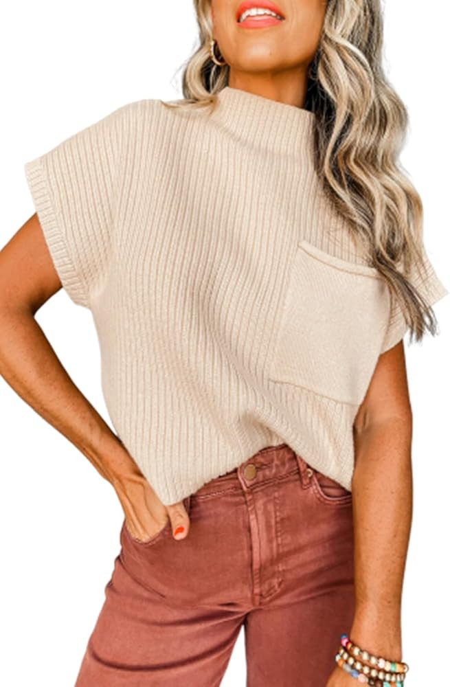 Oatmeal Patch Pocket Ribbed Knit Short Sleeve Sweater | Amazon (US)