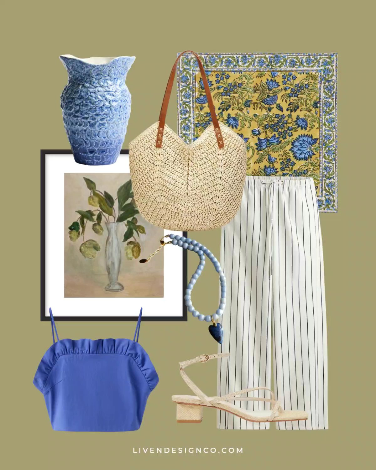 Today's discoveries. Summer style. Ceramic vase. Floral napkins. Linen pants. Striped pants. Straw tote. Beaded necklace. Botanical art 

#LTKSeasonal #LTKSaleAlert #LTKHome