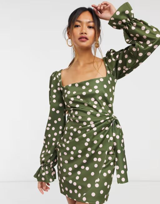 ASOS DESIGN square neck long sleeve wrap mini dress in spot print | ASOS (Global)