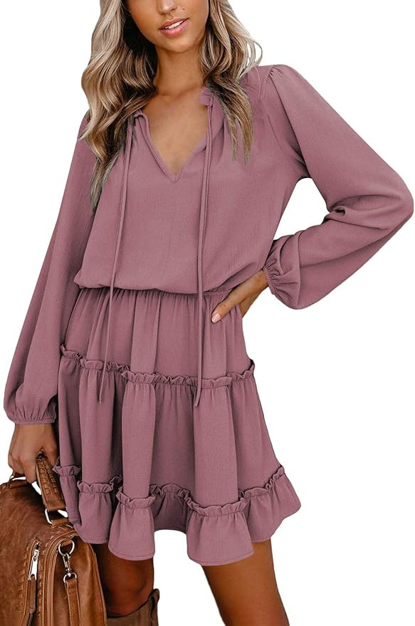Meenew Women's Long Sleeve Mini Swing Dress V Neck Ruffle Flowy Tunic Dress | Amazon (US)