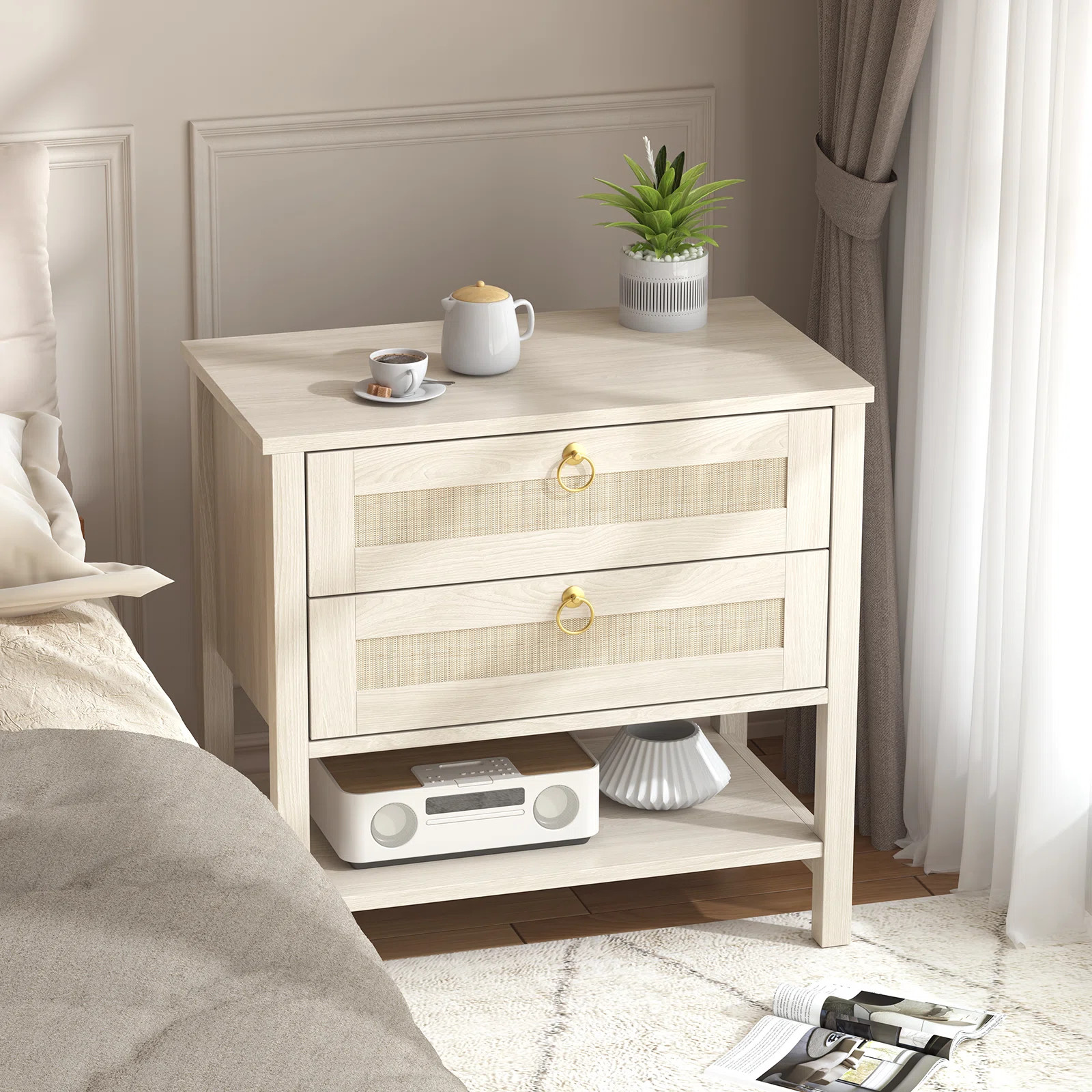 Rattan Nightstand With 2 Drawers | 26.7” Bedroom End Table | Large Capacity Storage | Water-res... | Wayfair North America