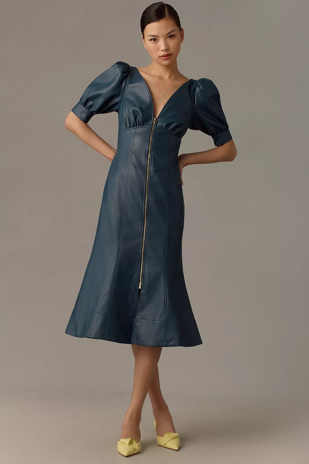 By Anthropologie Faux-Leather Puff-Sleeve Zip-Front Midi Dress | Anthropologie (US)