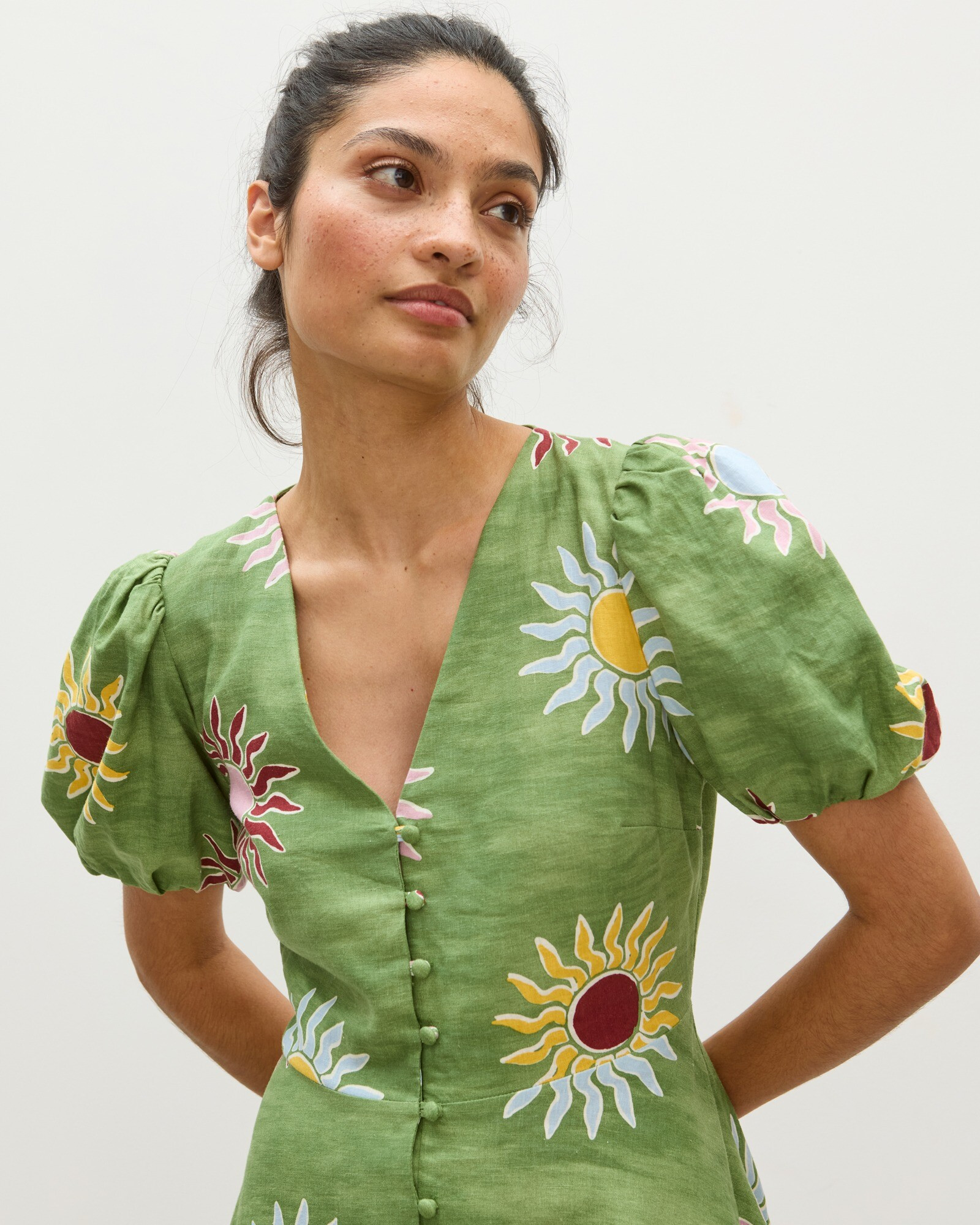 Green Sun Print Linen Blend V-Neck Mini Dress | Oliver Bonas | Oliver Bonas (Global)