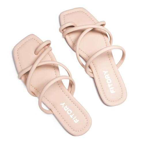 FITORY Women's Slide Sandals Flat Toe Ring Thongs with Cross Strap for Summer Size 8.5 All Nude | Amazon (US)
