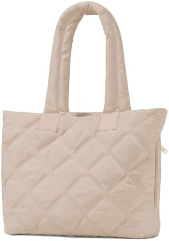 Puffer Tote Bag for Women, Quilted Bag with Zipper, Small Tote HandBags for Work, Travel | Amazon (US)