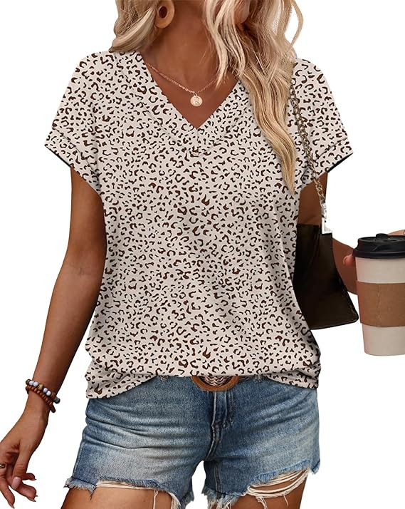 Womens T Shirts V Neck Cap Sleeve Summer Tops Basic Women Blouses Beach Vacation Spring Clothes | Amazon (US)