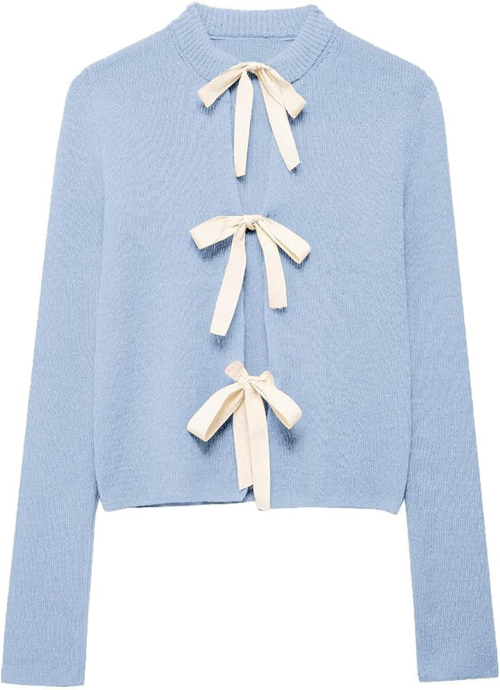 Tie Front Cardigan Sweaters for Women Y2K Bow Tie Open Front Cardigans Crewneck Long Sleeve Sweat... | Amazon (US)
