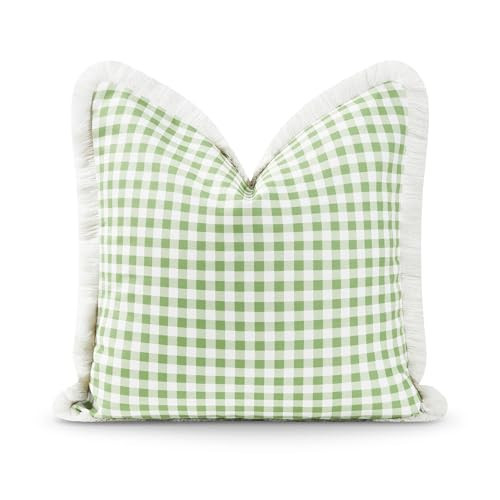 Hofdeco Premium Coastal Patio Indoor Outdoor Pillow Cover Only, 20"x20" Water Resistant for Backyard, Couch, Green Gingham Fringe | Amazon (US)