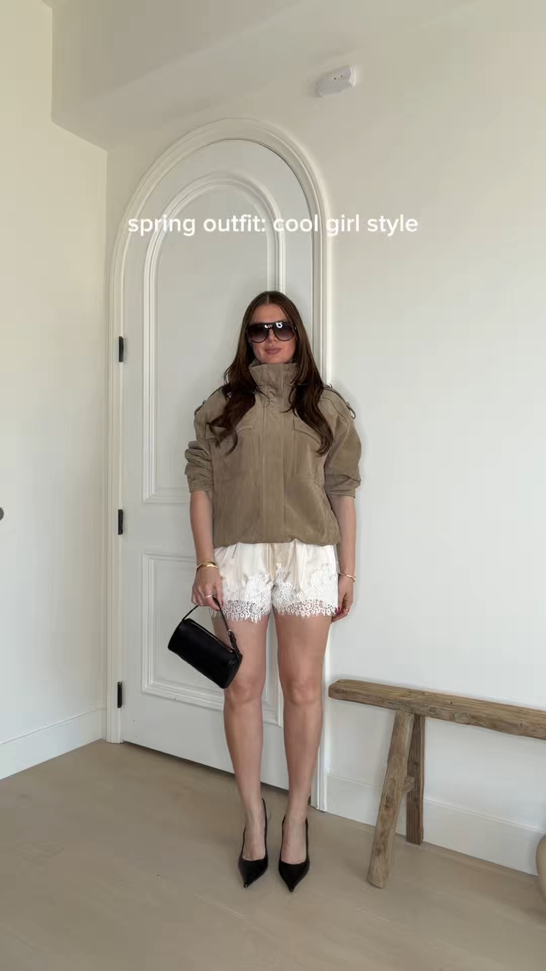 Spring outfit: cool girl style. Chic and simple outfit for spring. 
Styling lace trim shorts with white tank top, black leather sling backs, beige suede jacket, gold jewelry, aviators and a chic 90s style black leather purse. 
Wearing size S jacket, size M shorts 
#springoutfits #chic #coolgirl #outfitideas 