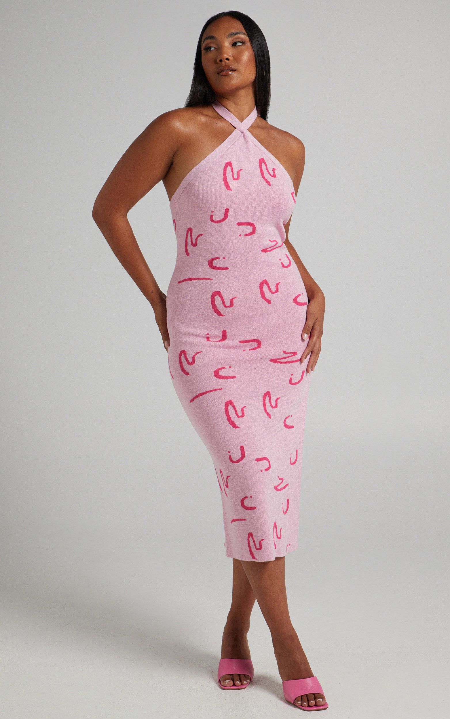 Jenni Tie Up Halter Knit Midi Dress in Pink Print | Showpo - deactived