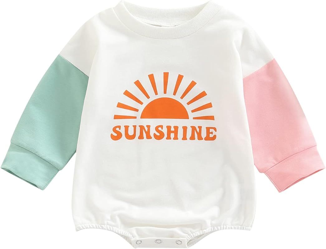 Baby Girl Fall Winter Clothes Romper Pullover Patchwork Long Sleeve Letter Print Sweatshirt Jumpsuit | Amazon (US)
