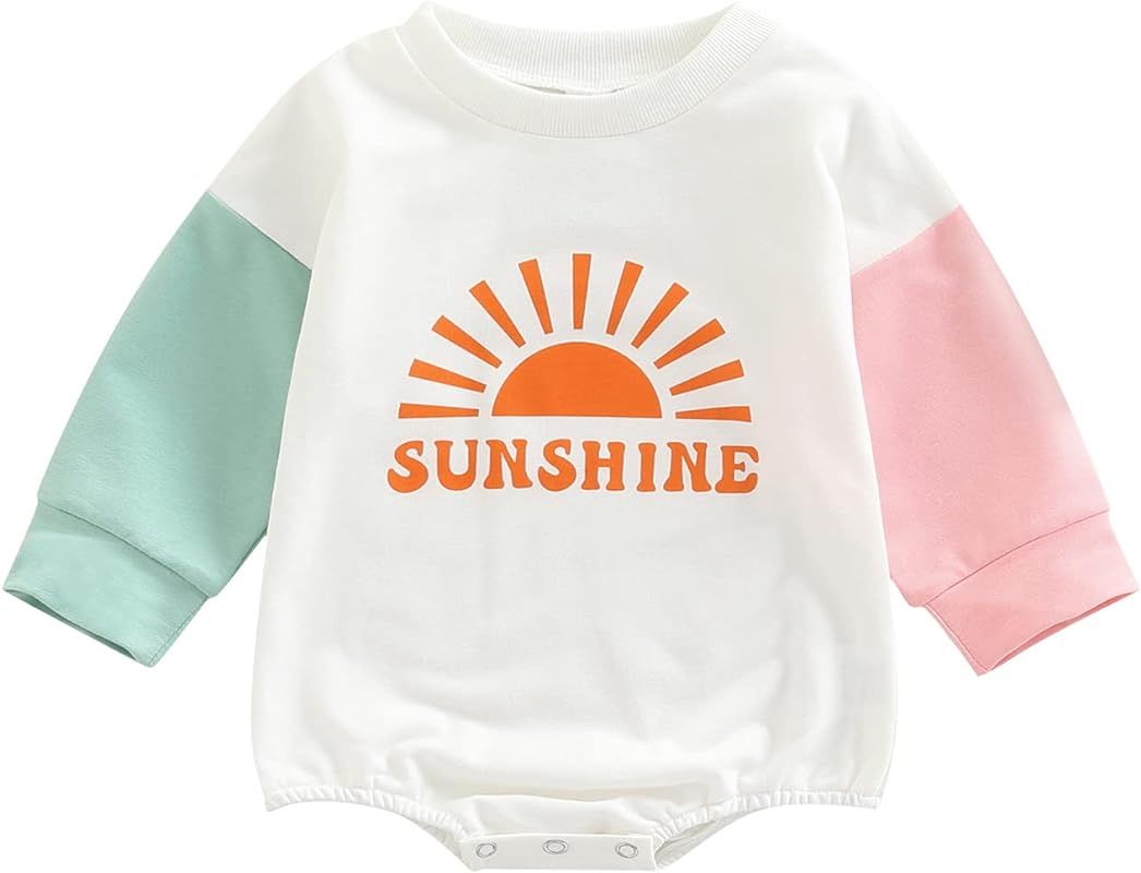 Baby Girl Fall Winter Clothes Romper Pullover Patchwork Long Sleeve Letter Print Sweatshirt Jumpsuit | Amazon (US)