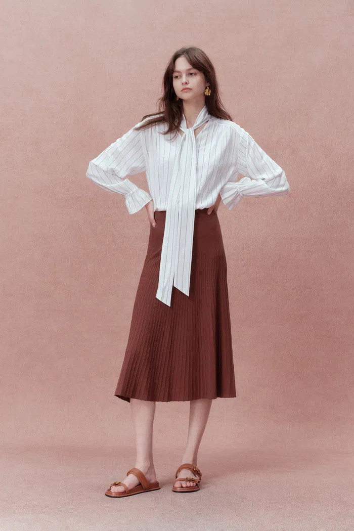 Karo Neck Tie Striped Long Sleeve Blouse in Silk Crepe | Fabrique