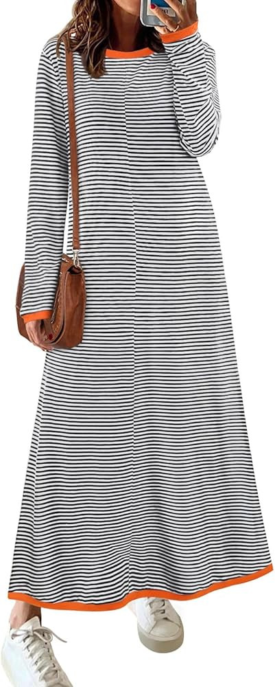 MEROKEETY Women's 2024 Fall Striped Long Sleeve Maxi Dress Color Block Casual T Shirt Long Dresse... | Amazon (US)