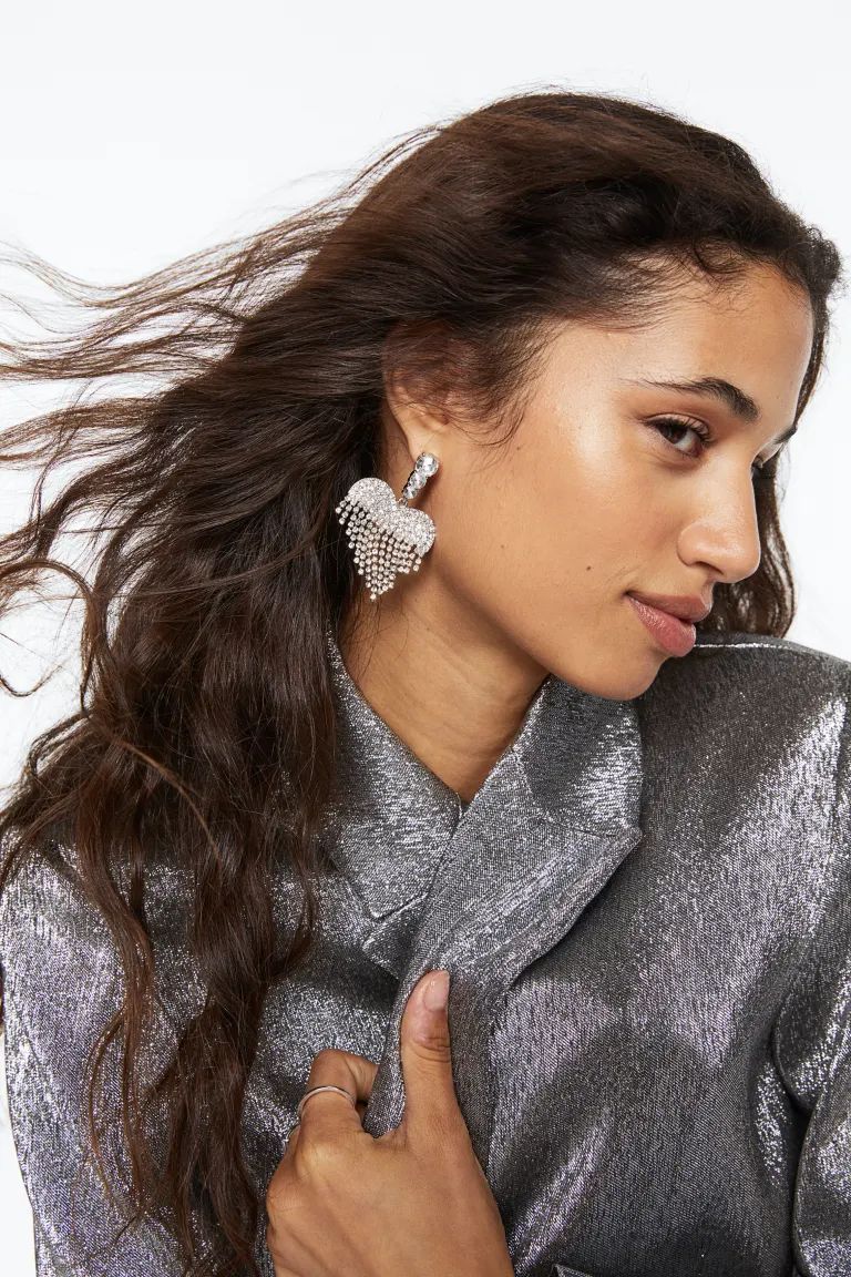 Heart-shaped Rhinestone Earrings - Silver-colored/heart - Ladies | H&M US | H&M (US + CA)