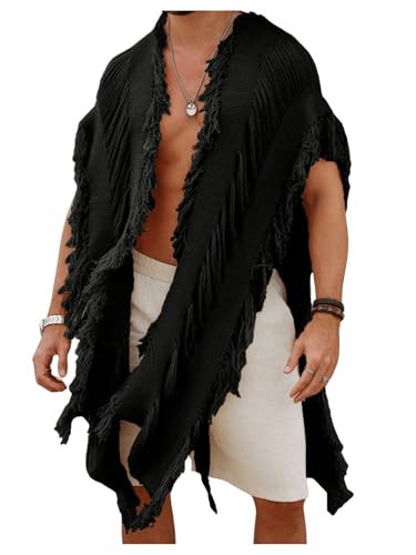Verdusa Men's Knit Poncho Fringe Loose Cardigan Cape Knit Shawl Wrap Beach Vacation Outfits Black Large | Amazon (US)