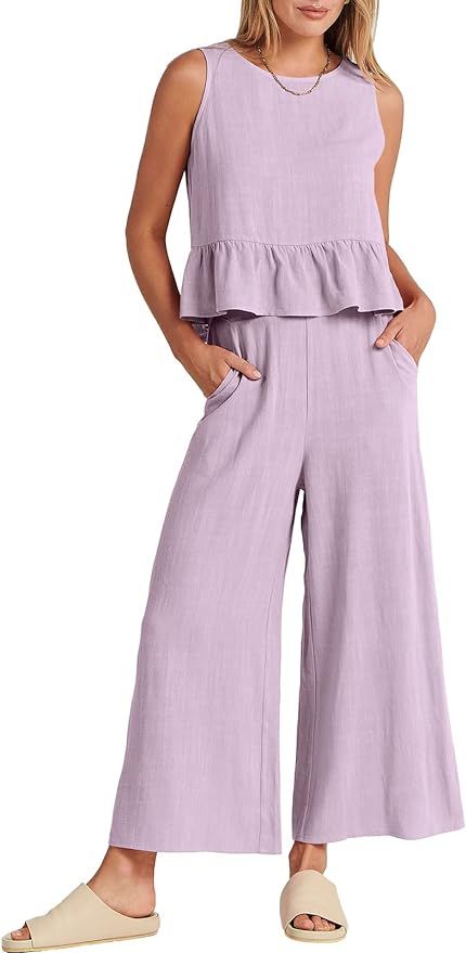 ANRABESS Women's Summer 2 Piece Outfits Sleeveless Tank Crop Top Wide Leg Pants Linen Lounge Matc... | Amazon (US)