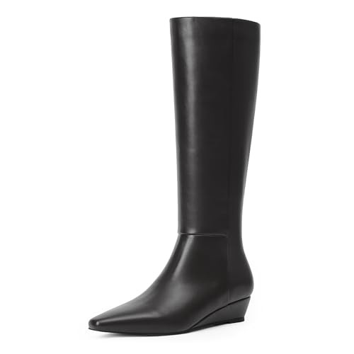 Modatope Black Knee High Boots for Women Tall Black Boots for Women Black Leather Boots Wedge Heel Fall Boots 2024 Pointed Toe Low Heel High Boots Size 6 | Amazon (US)
