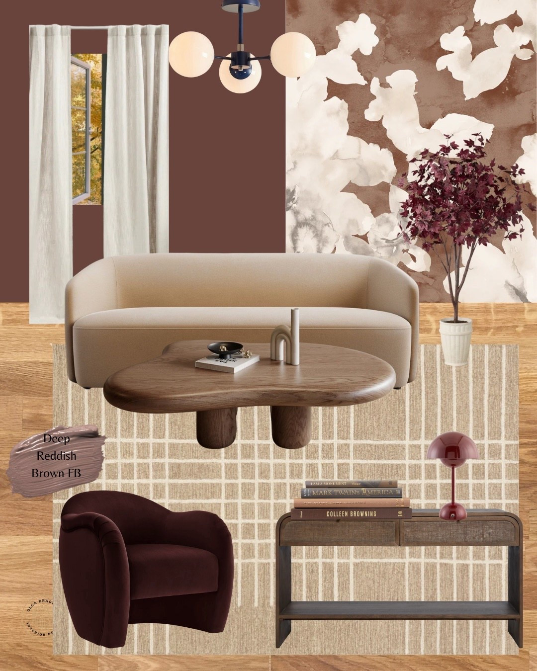 Gorgeous Fall-inspired living room design/mood board. Neutral sofa by Pottery Barn, affordable coffee table from Wayfair, neutral rug, floral wallpaper from McGee & Co. Console table from Lulu & Georgia, gorges velvet accent chair, affordable red mushroom lamp, faux tree from Target. #homedecor #livingroom #falltrends

#LTKautumn #LTKHome #LTKSeasonal