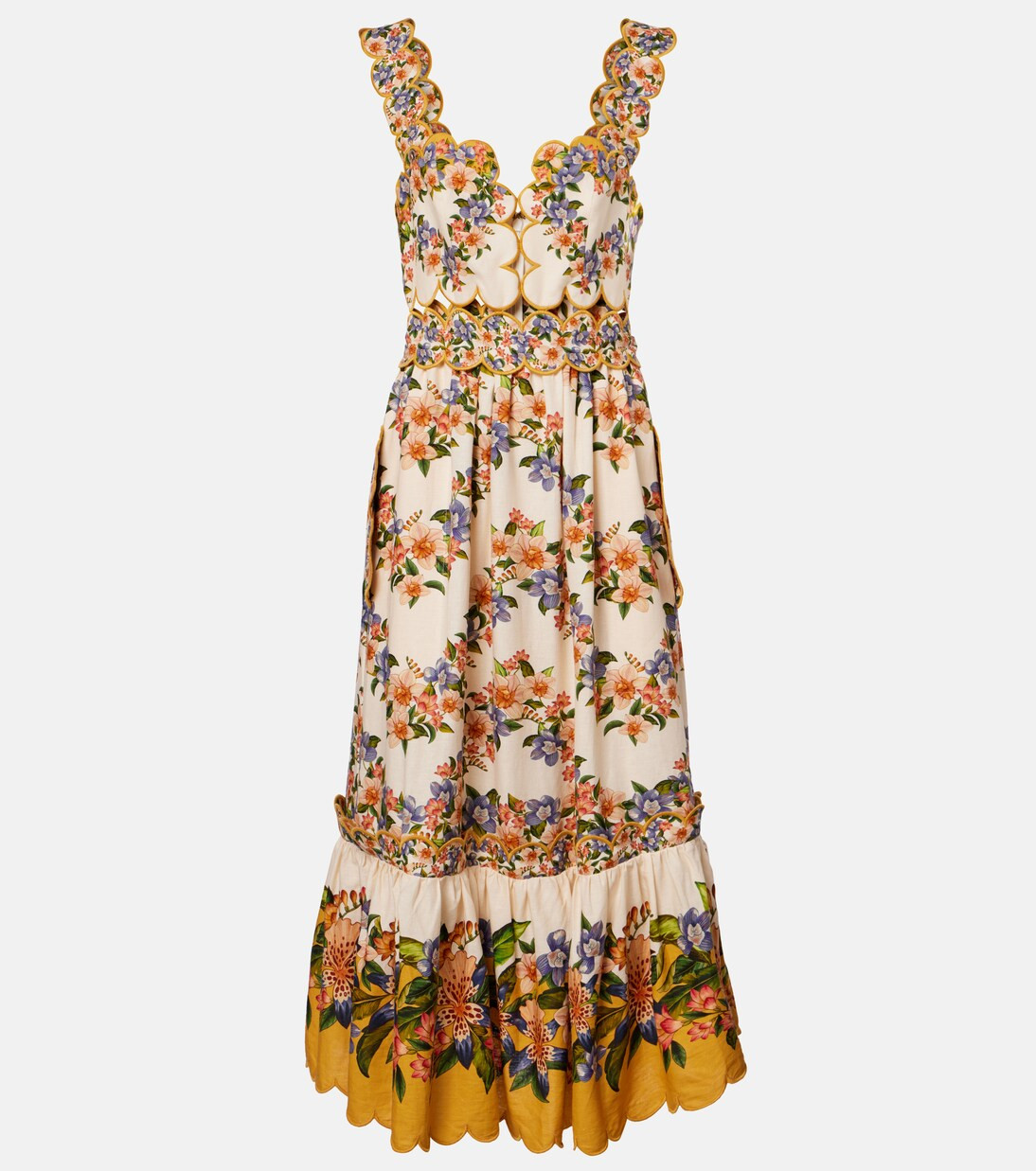 Floral scalloped linen-blend midi dress | Mytheresa (US/CA)