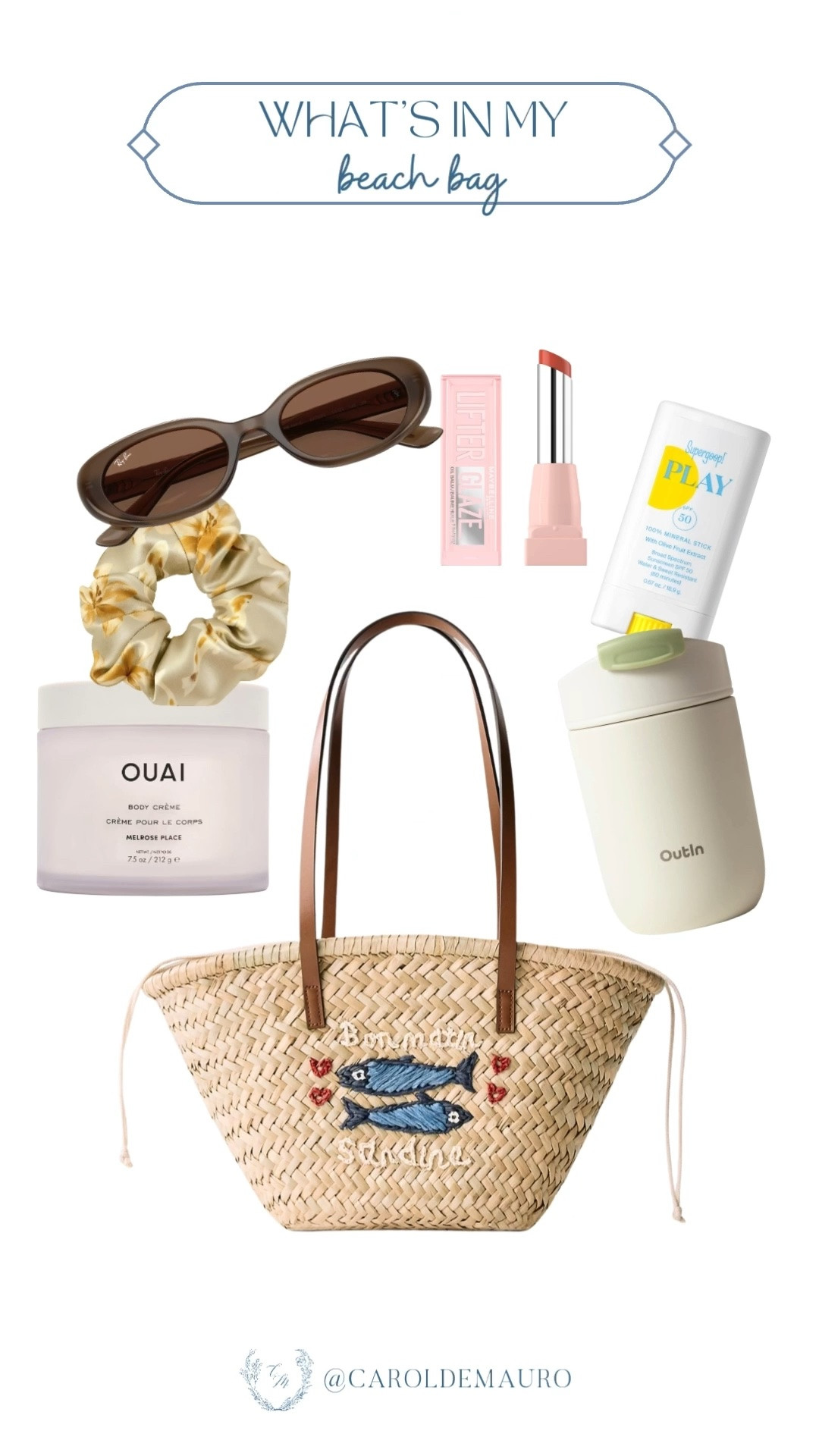 Another day, another what's in my beach bag! All set for summer with this cute fish embroidered raffia tote bag, oval brown sunglasses, body cream, facial sunscreen, a cute tumbler, satin scrunchie, and a Maybelline lippie. 

2026 trend, vacation must haves, summer essentials, sun protection, beach day, beauty essentials, hair accessories, outfit inspo

#LTKgrwm #LTKSwim #LTKU