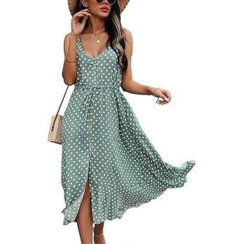 BROVAVE Women's 2026 Summer Casual Boho Sundress Polka Dot Spaghetti Strap V Neck Flowy Midi Dres... | Amazon (US)