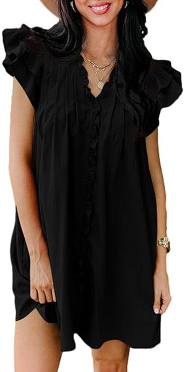 AlvaQ Womens Summer Dresses 2024 V Neck Ruffle Cap Short Sleeve Mini Dress Casual Flowy Pleated A... | Amazon (US)
