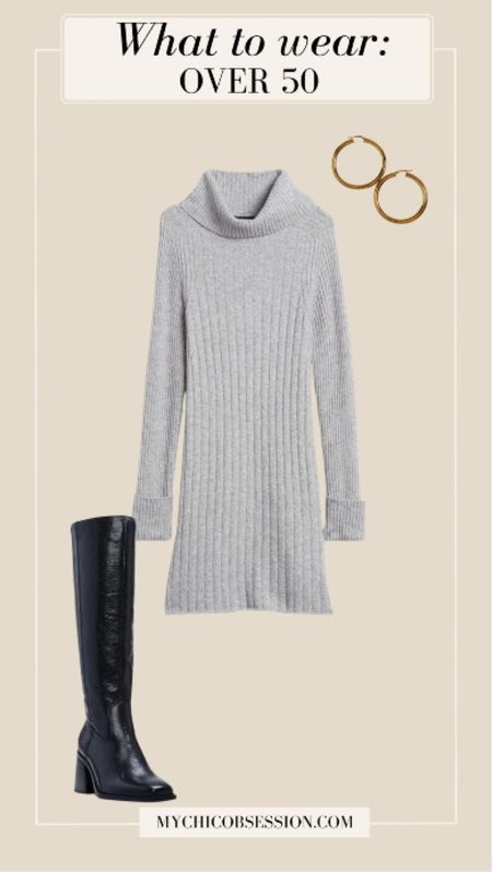 For a foolproof and stress-free winter look, sweater dresses are always great options. Complement with knee-high leather boots, making for an instantly classic look. Additional features like a wide, block heel make this classy look just as comfortable as it is sophisticated. Add gold hoop earrings for a final touch. 

#LTKSeasonal #LTKstyletip #LTKover40