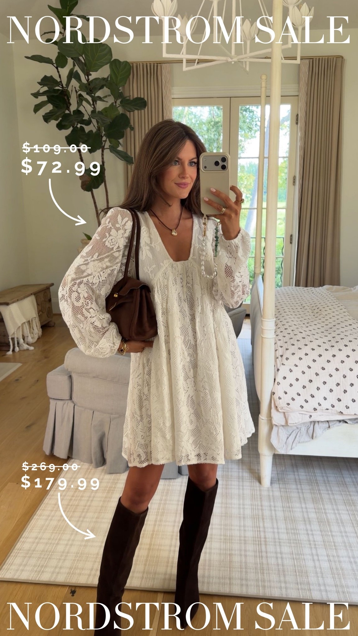 You guys are not going to believe this, but I’m actually wearing this dress backwards (yes, on purpose!!!). I LOVE everything about this dress, and especially the fact that you can wear it two ways! It’s made of the prettiest lace that can be worn now (with sandals) or into the fall (with boots).